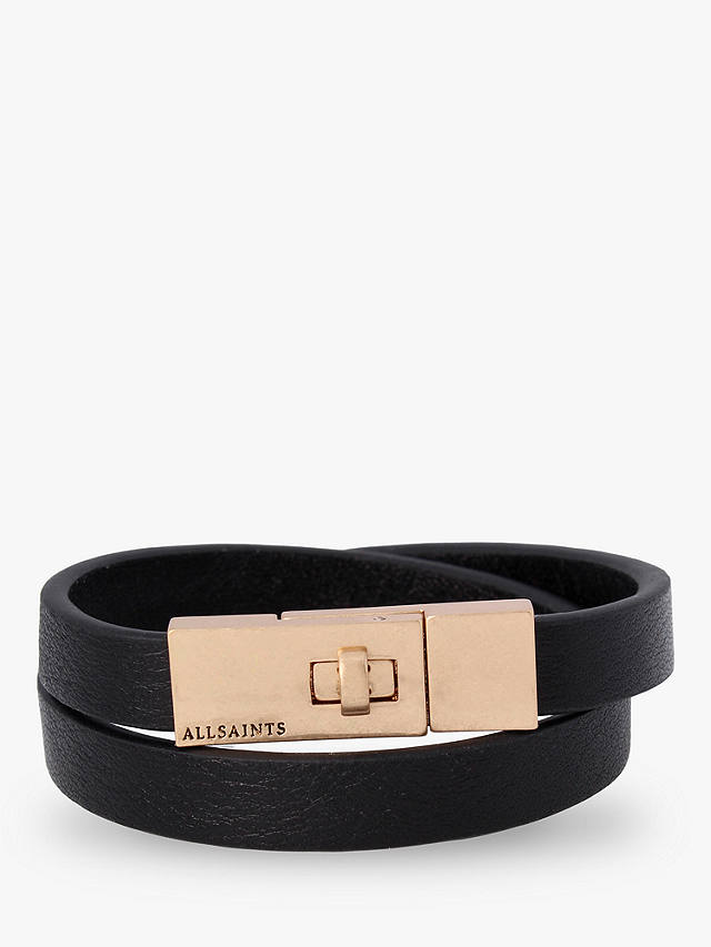 AllSaints Leather Wrap Turnlock Bracelet, Black/Warm Brass