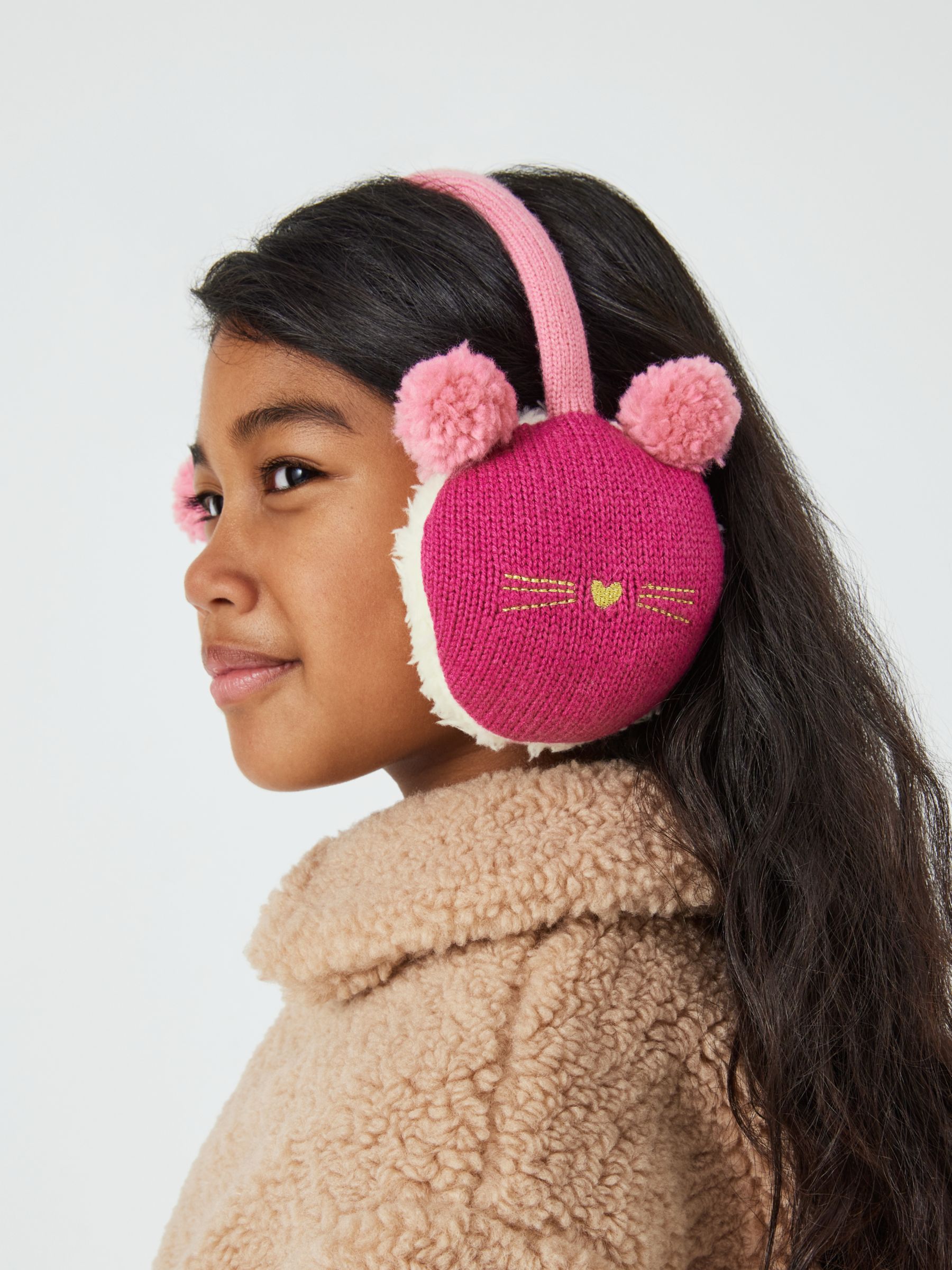 John Lewis Kids' Cat Whiskers Embroidered Ear Muffs, Pink