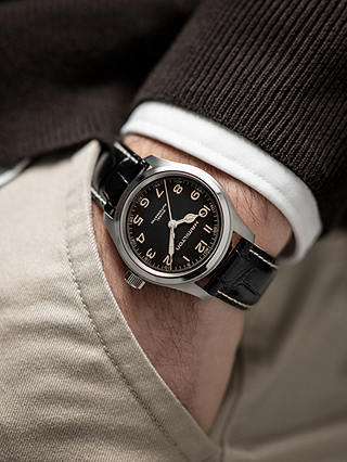 Hamilton H70405730 Men's Khaki Field Murph Khaki Automatic Leather Strap Watch, Black