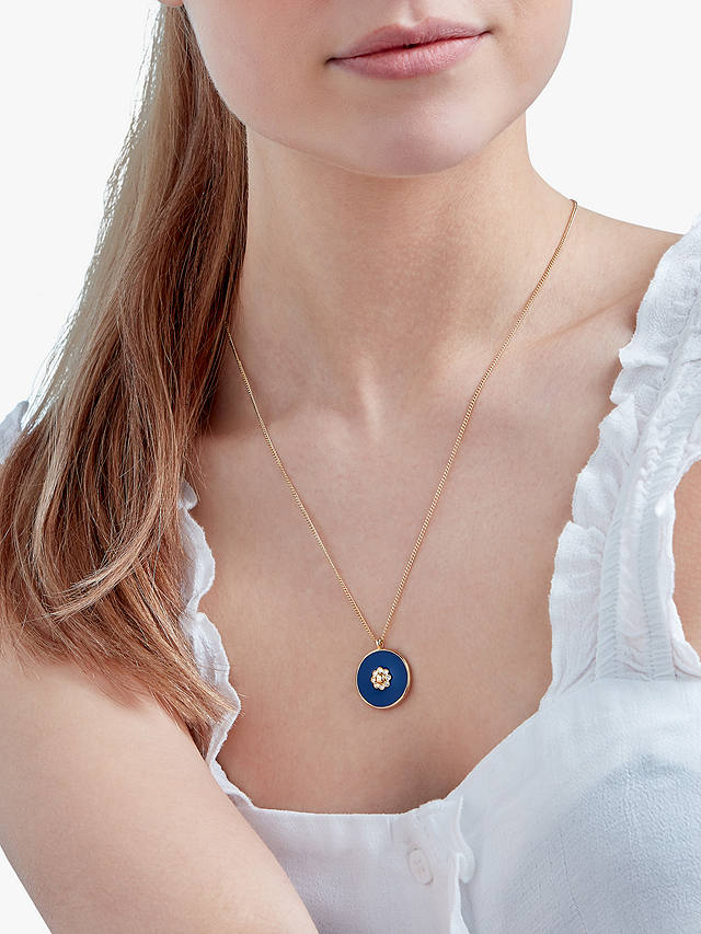 Melissa Odabash Crystal and Enamel Flower Round Pendant Necklace, Gold/Blue