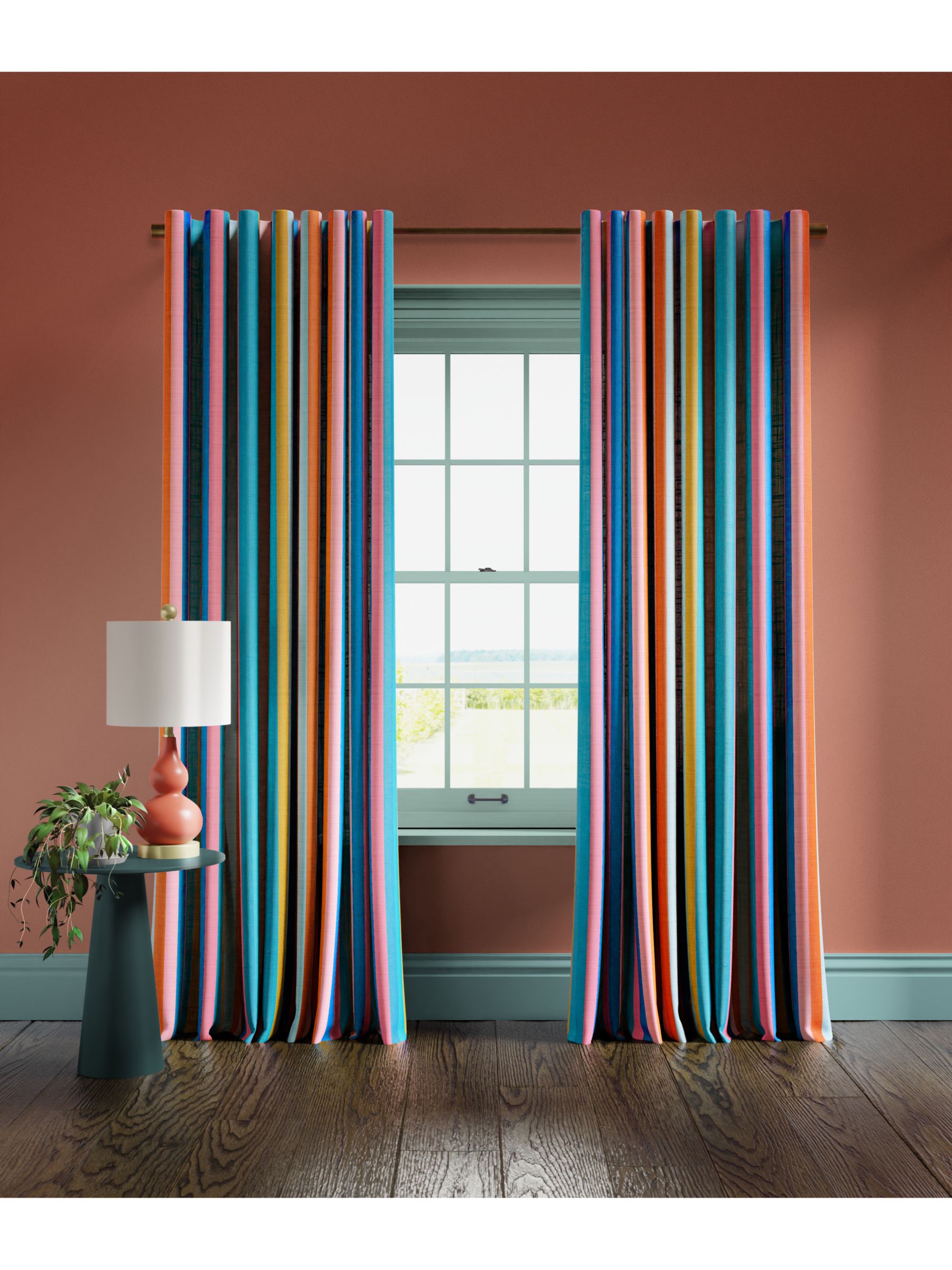 Harlequin x Sophie Robinson Sherbet Stripe Pair Lined Multiway Curtains,  Lapis/Spinel/Aqua