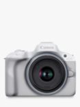 Canon EOS R50 Compact System Camera with RF-S 18-45mm Zoom Lens, 4K Ultra HD, 24.2MP, Wi-Fi, Bluetooth, OLED EVF, 3” Vari-Angle Touch Screen, White