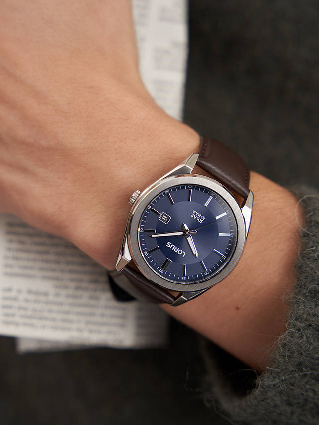 Lorus RX357AX9 Men's Solar Date Leather Strap Watch, Brown/Blue