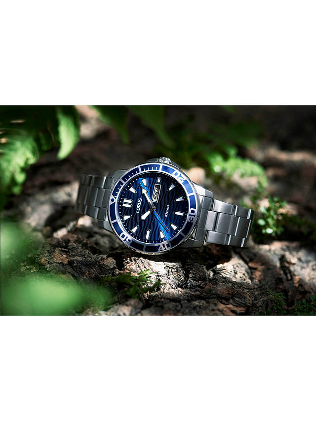 Lorus Men's Sunray Wave Dial Bracelet Strap Watch, Silver/Blue