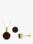 E.W Adams 9ct Yellow Gold Solitaire Garnet Pendant Necklace & Stud Earring Set, Gold/Red
