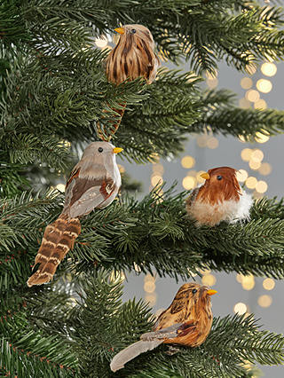 John Lewis Christmas Cottage Woodland Birds Clip On Tree Decorations, Pack of 4, Brown