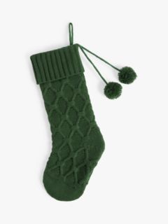 John Lewis Christmas Cottage Cable Knitted Christmas Stocking, Green