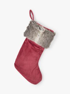 John Lewis Velvet Faux Fur Trim Christmas Stocking, Red