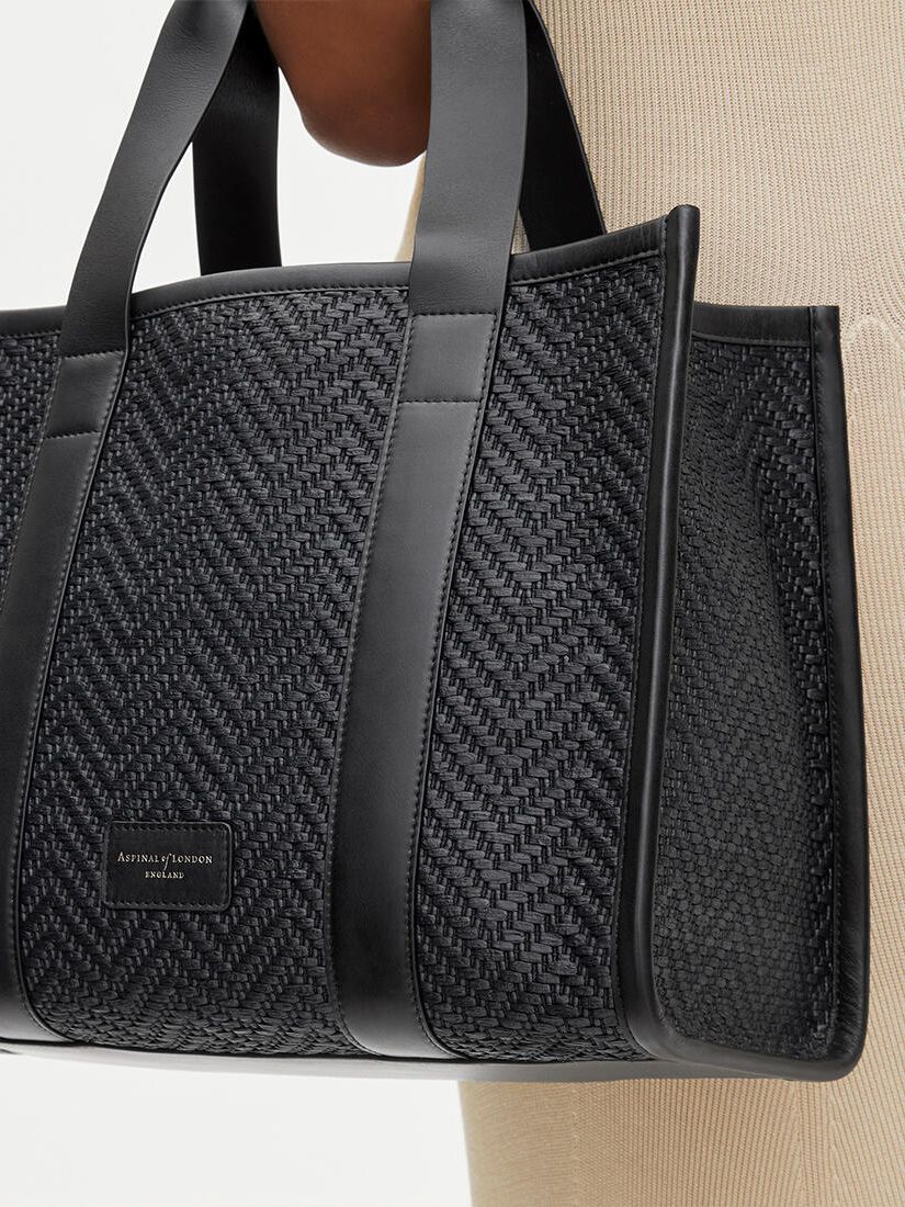 Aspinal of London Small Henley Raffia and Leather Tote Bag, Black at ...