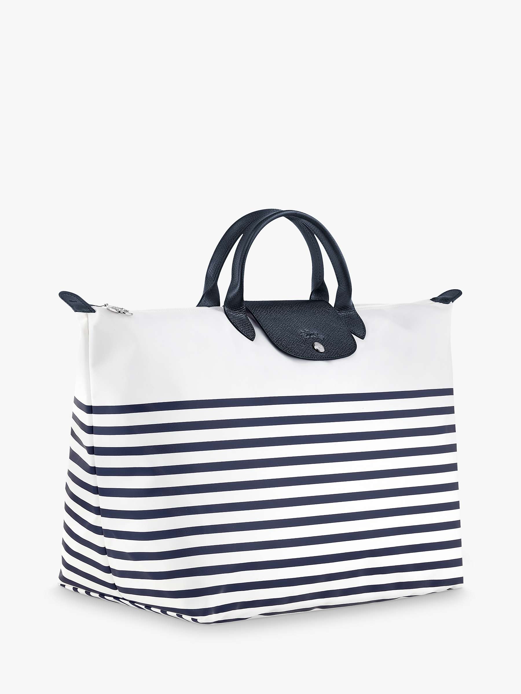 Longchamp Le Pliage Stripe Travel Bag, Navy/White at John Lewis & Partners