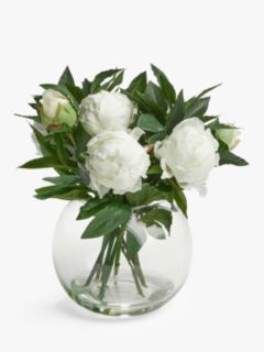Floralsilk Artificial White Peonies in Glass Globe Vase, H28cm