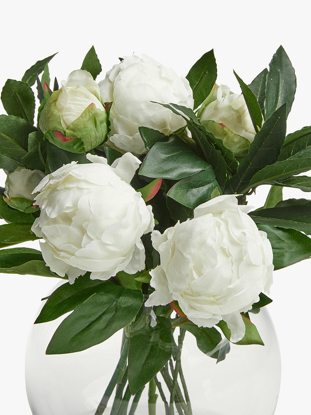 Floralsilk Artificial White Peonies in Glass Globe Vase, H28cm