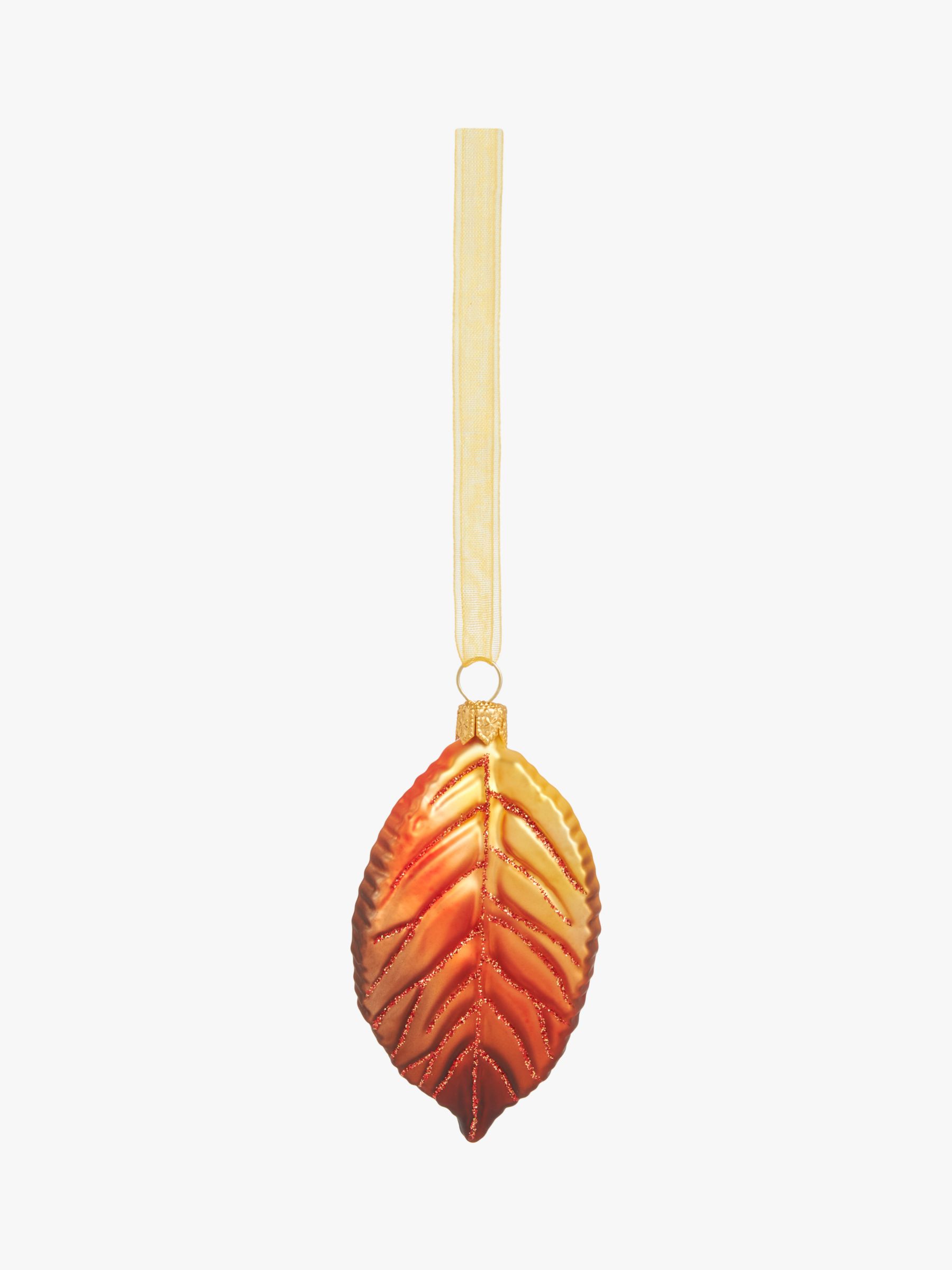 John Lewis Christmas Cottage Glitter Leaf Bauble, Orange