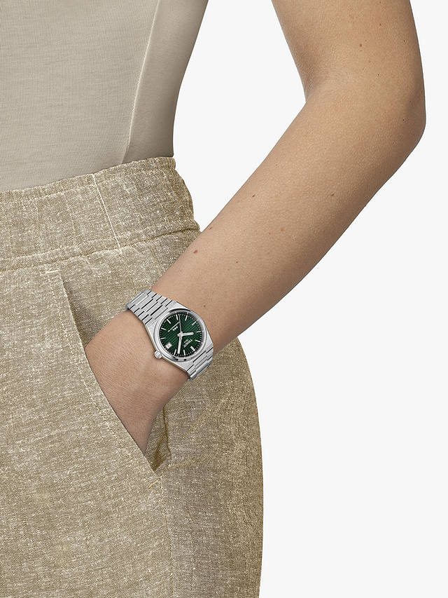 Tissot T1372071109100 Women's PRX Powermatic 80 Automatic Date Bracelet Strap Watch, Silver/Dark Green