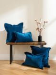 Truly Fringed Square Velvet Cushion, Blue