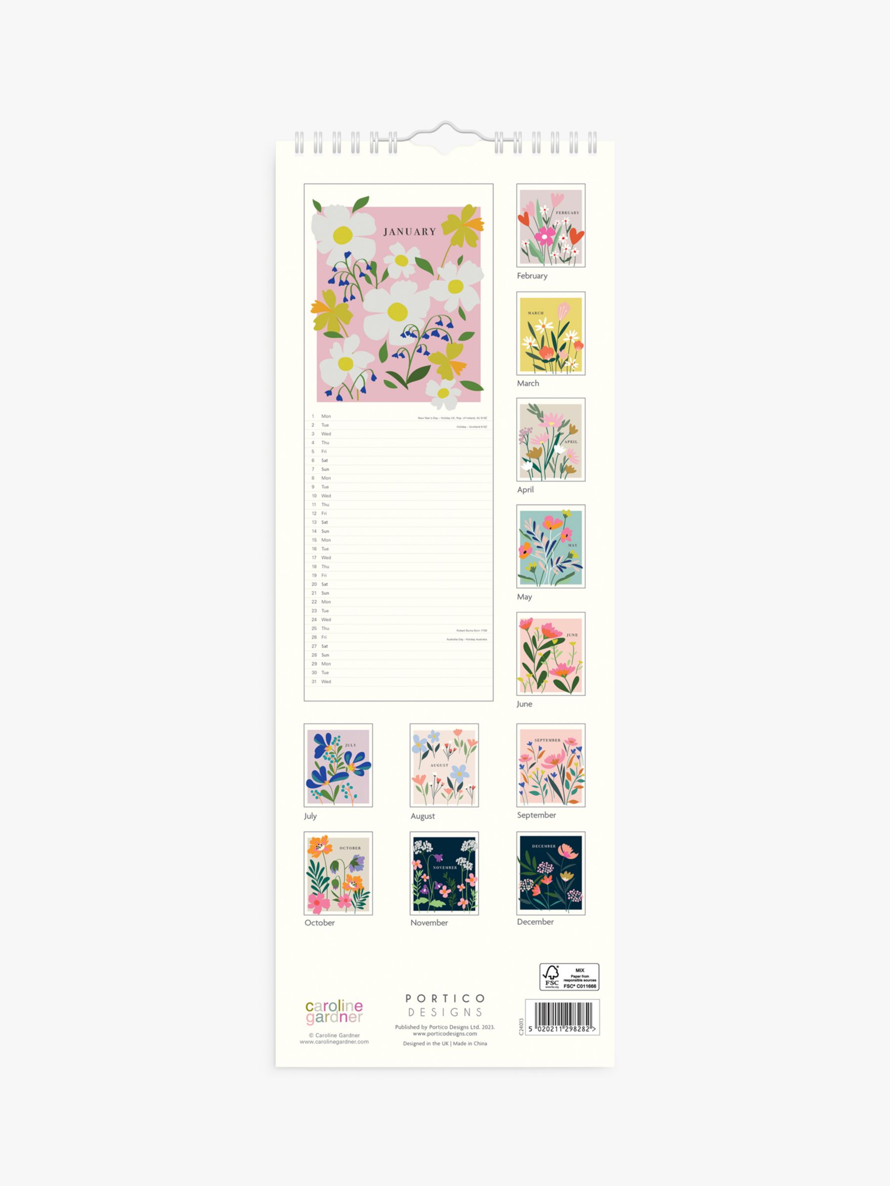 Portico Caroline Gardner Slim Meadow Floral 2024 Calendar, White/Multi