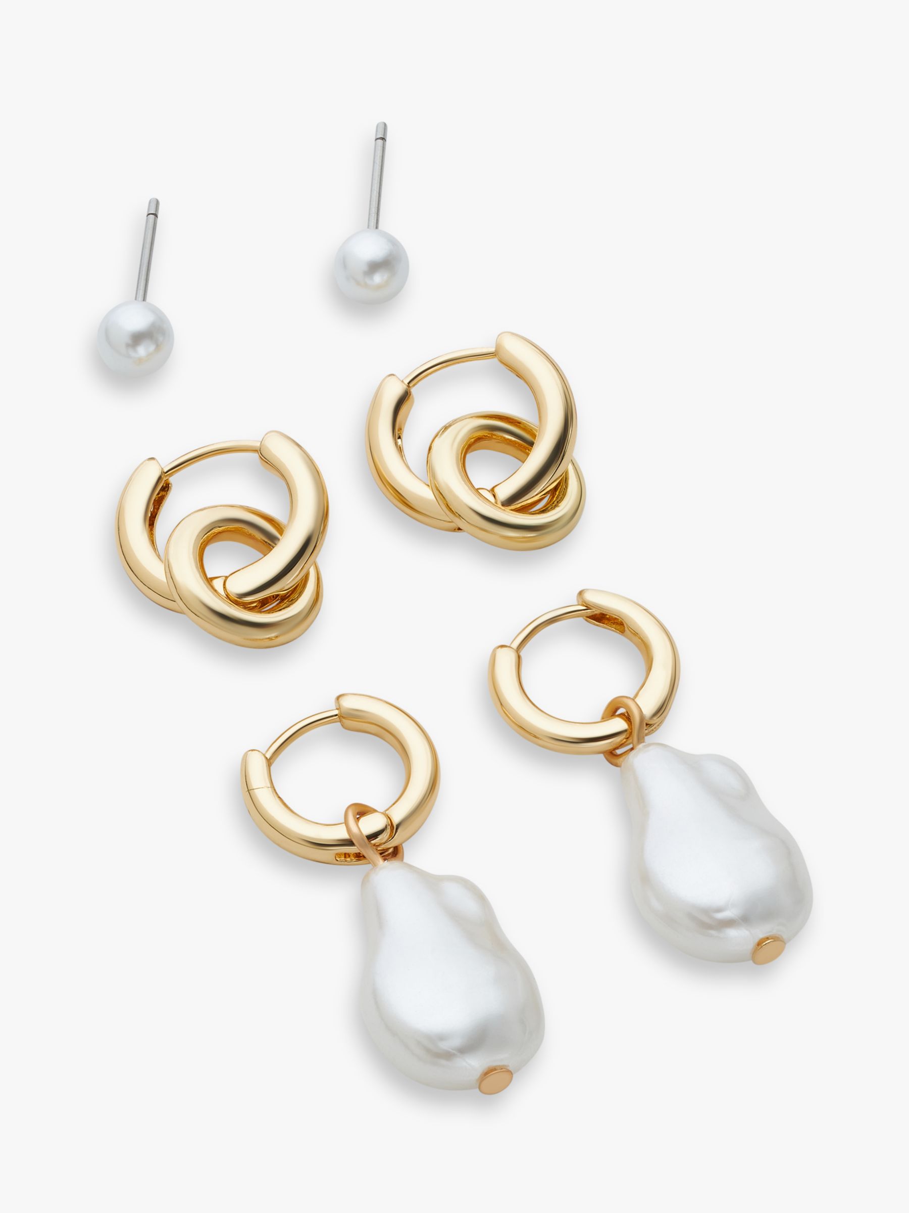 John Lewis Faux Pearl Stud & Huggie Hoop Earrings, Pack of 3, Gold