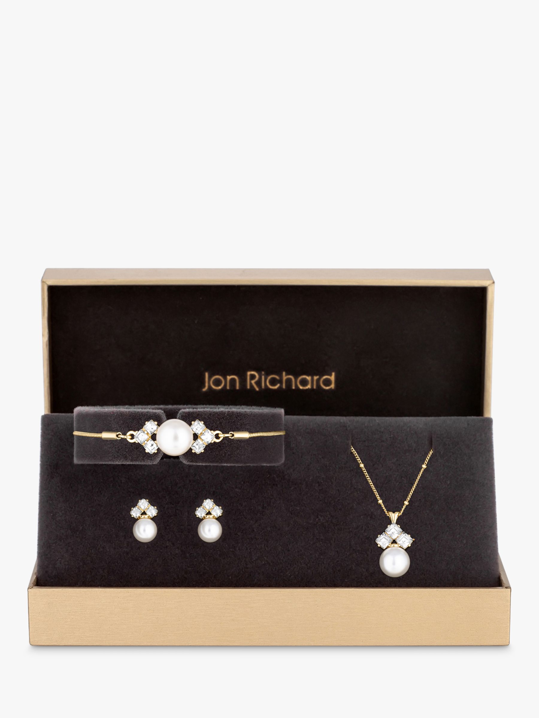 Jon Richard Pearl & Crystal Bracelet, Necklace and Stud Earrings Jewellery Set, Gold