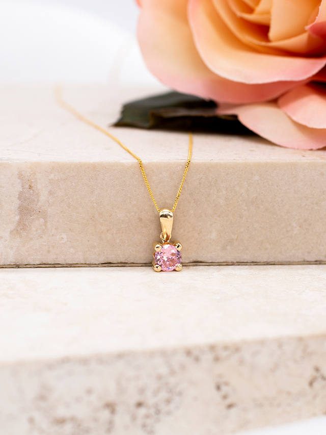 IBB 9ct Yellow Gold Round Cubic Zirconia Pendant Necklace, October/Pink