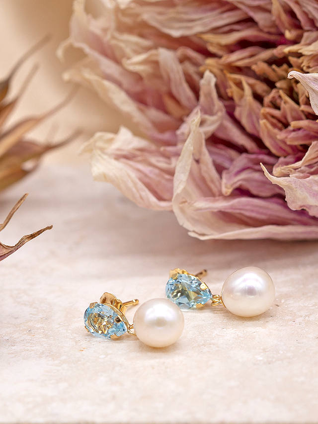 IBB 9ct Gold Pearl & Blue Topaz Drop Earrings, Gold