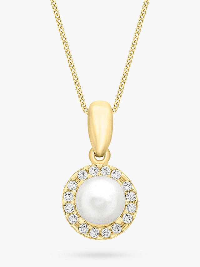 IBB 9ct Gold Freshwater Pearl & Cubic Zirconia Disc Pendant Necklace, Gold