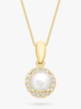 IBB 9ct Gold Freshwater Pearl & Cubic Zirconia Disc Pendant Necklace, Gold