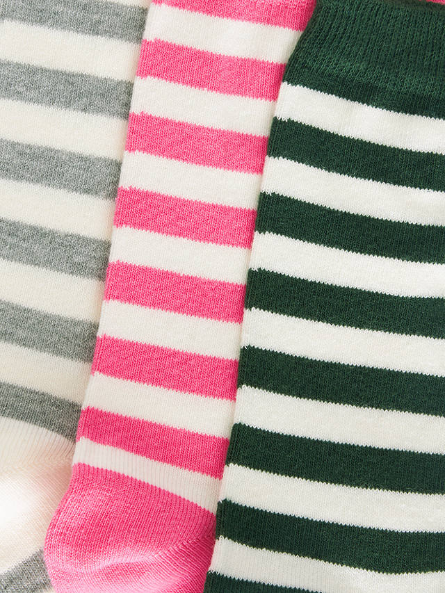 John Lewis Stripe Organic Cotton Mix Ankle Socks, Pack of 3, Grey/Pink/Green