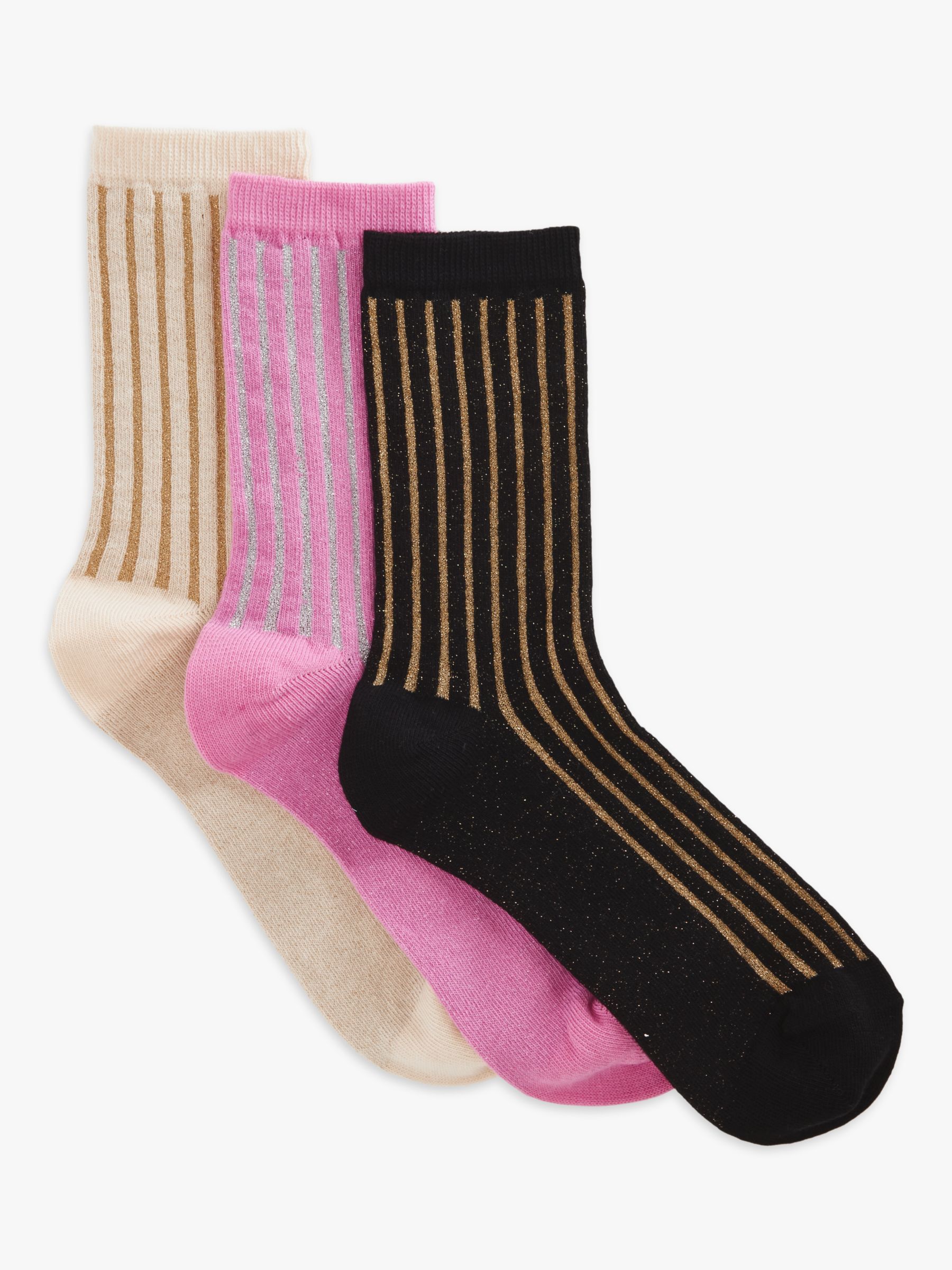 John Lewis Metallic Stripe Organic Cotton Blend Ankle Socks, Pack of 3 ...