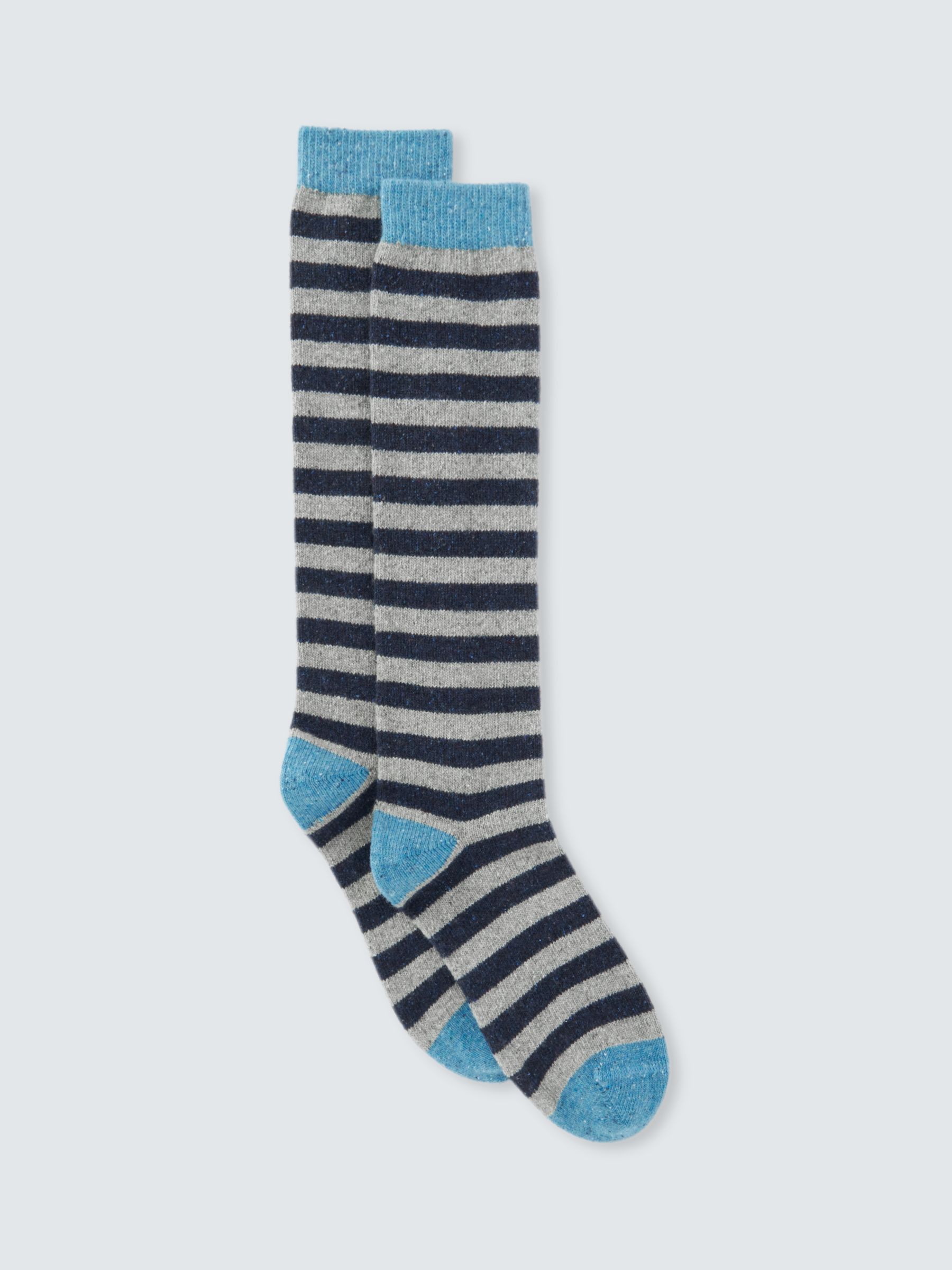 John Lewis Striped Wool Silk Blend Knee High Socks, Grey/Navy/Blue