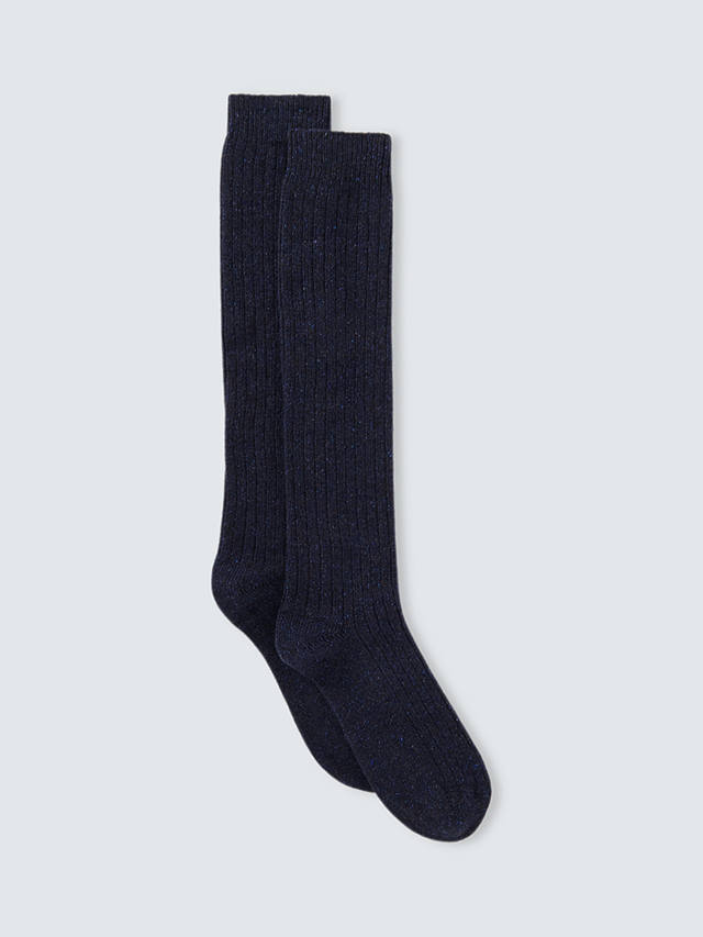 John Lewis Ribbed Wool Silk Blend Knee High Socks, Navy