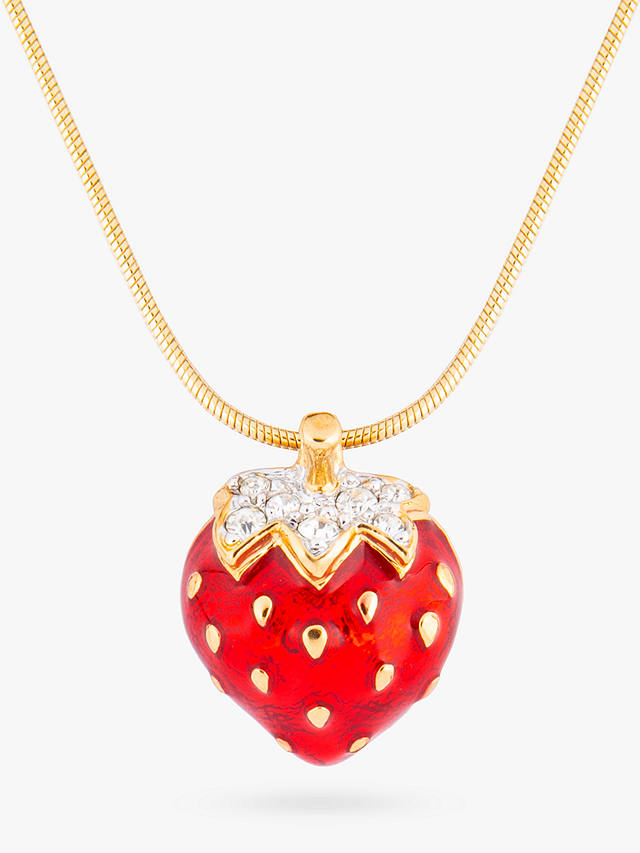 Eclectica Vintage Gold Plated Enamel & Swarovski Crystal Strawberry Pendant Necklace, Dated Circa 1980s