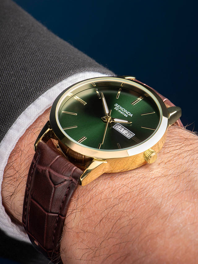 Sekonda 30151 Men's Jackson Day Date Leather Strap Watch, Brown/Green