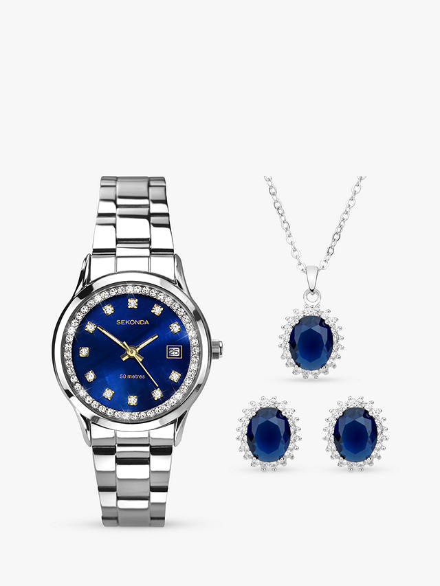 Sekonda Women's Catherine Crystal Bracelet Strap Watch, Pendant Necklace & Stud Earring Jewellery Set, Silver/Blue
