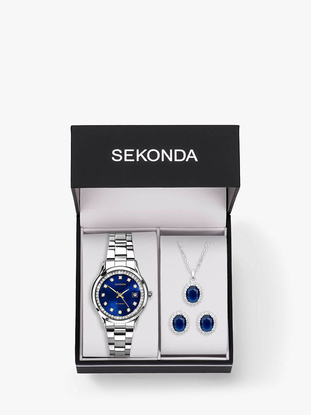 Sekonda Women's Catherine Crystal Bracelet Strap Watch, Pendant Necklace & Stud Earring Jewellery Set, Silver/Blue