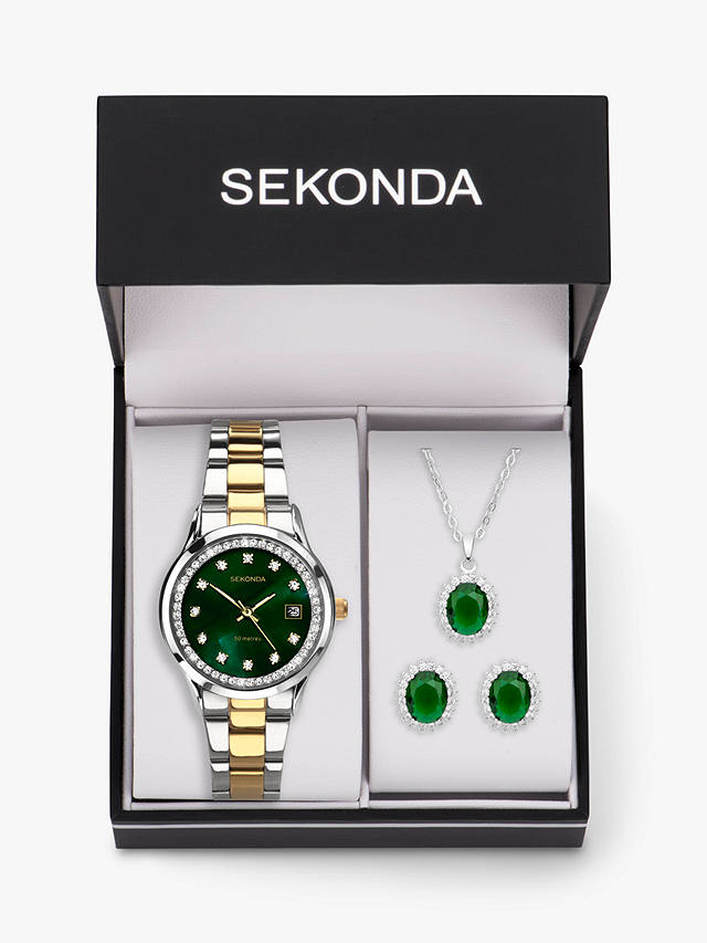 Sekonda Women's Catherine Crystal Bracelet Strap Watch, Pendant Necklace & Stud Earring Jewellery Set, Two Tone/Green
