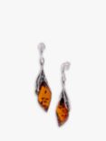 Be-Jewelled Baltic Amber Leaf Drop Earrings, Cognac/Silver