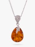 Be-Jewelled Teardrop Amber Pendant Necklace, Silver/Cognac