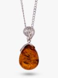 Be-Jewelled Teardrop Amber Pendant Necklace, Silver/Cognac