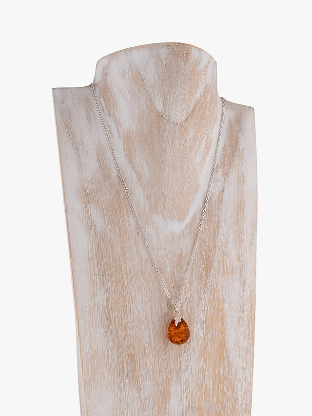 Be-Jewelled Teardrop Amber Pendant Necklace, Silver/Cognac