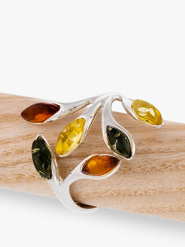 Be-Jewelled Baltic Amber Leaf Adjustable Cocktail Ring, Multi/Silver