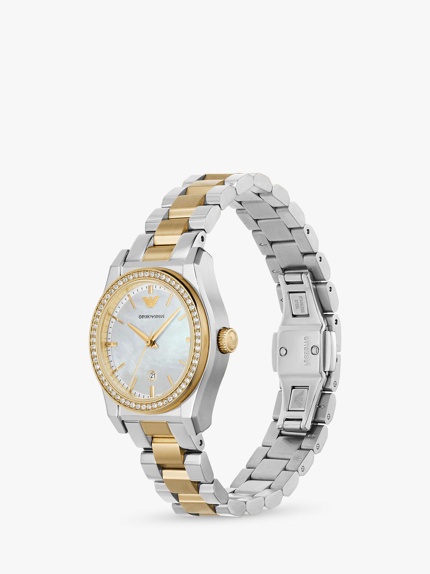 Buy Emporio Armani AR11559 Women's Mother of Pearl Crystal Bracelet Strap Watch, Silver/Gold Online at johnlewis.com