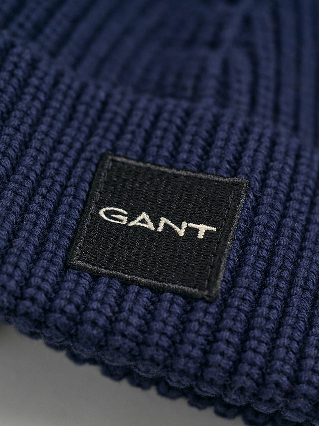 GANT Unisex Rib Knit Beanie Hat, Navy at John Lewis & Partners