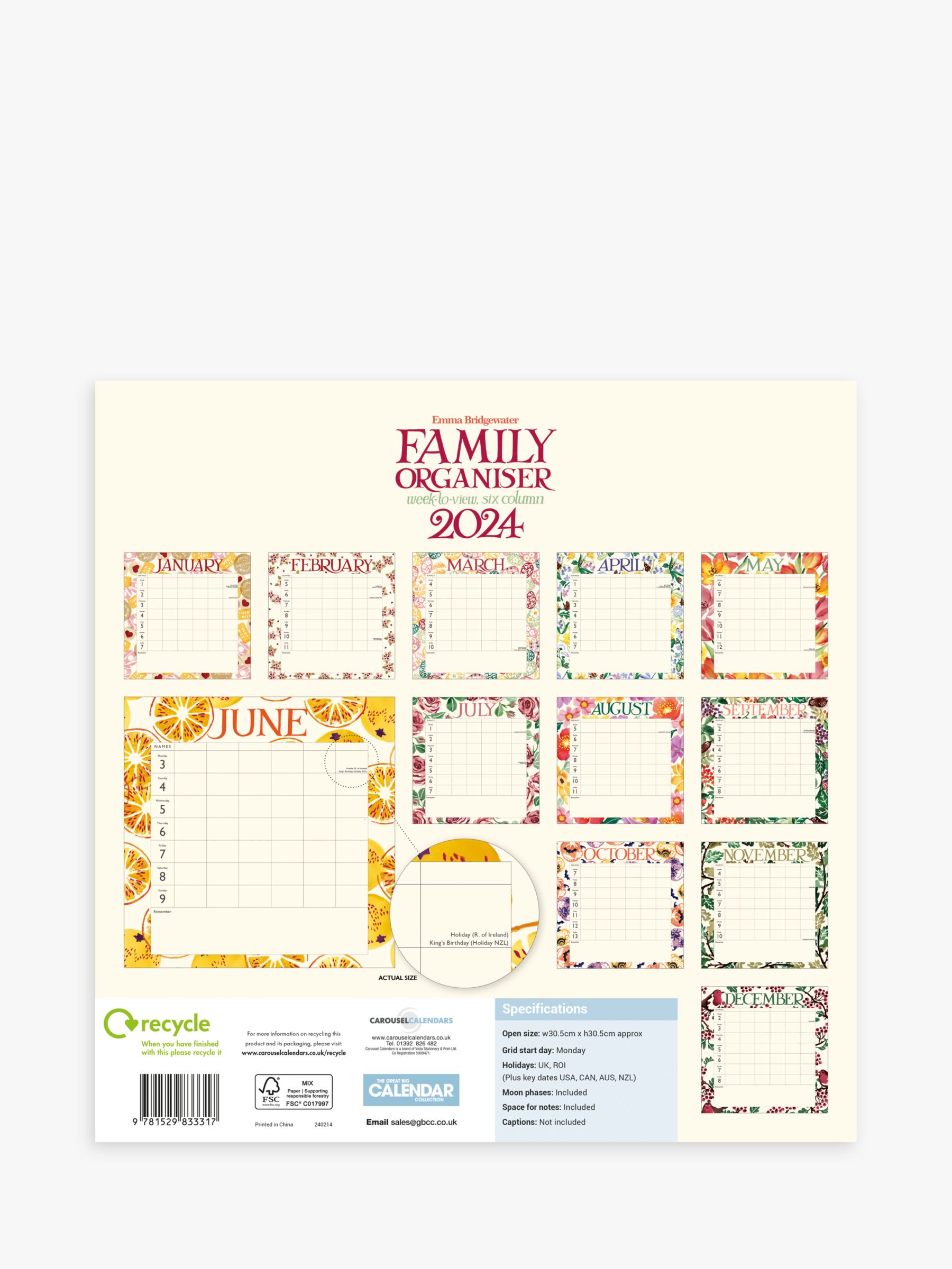 2024 Mum's Family Organiser,Week-to-view with 6 columns,wall