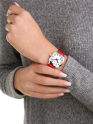 Mondaine Unisex Petite Cushion Vegan Leather Strap Watch, Red