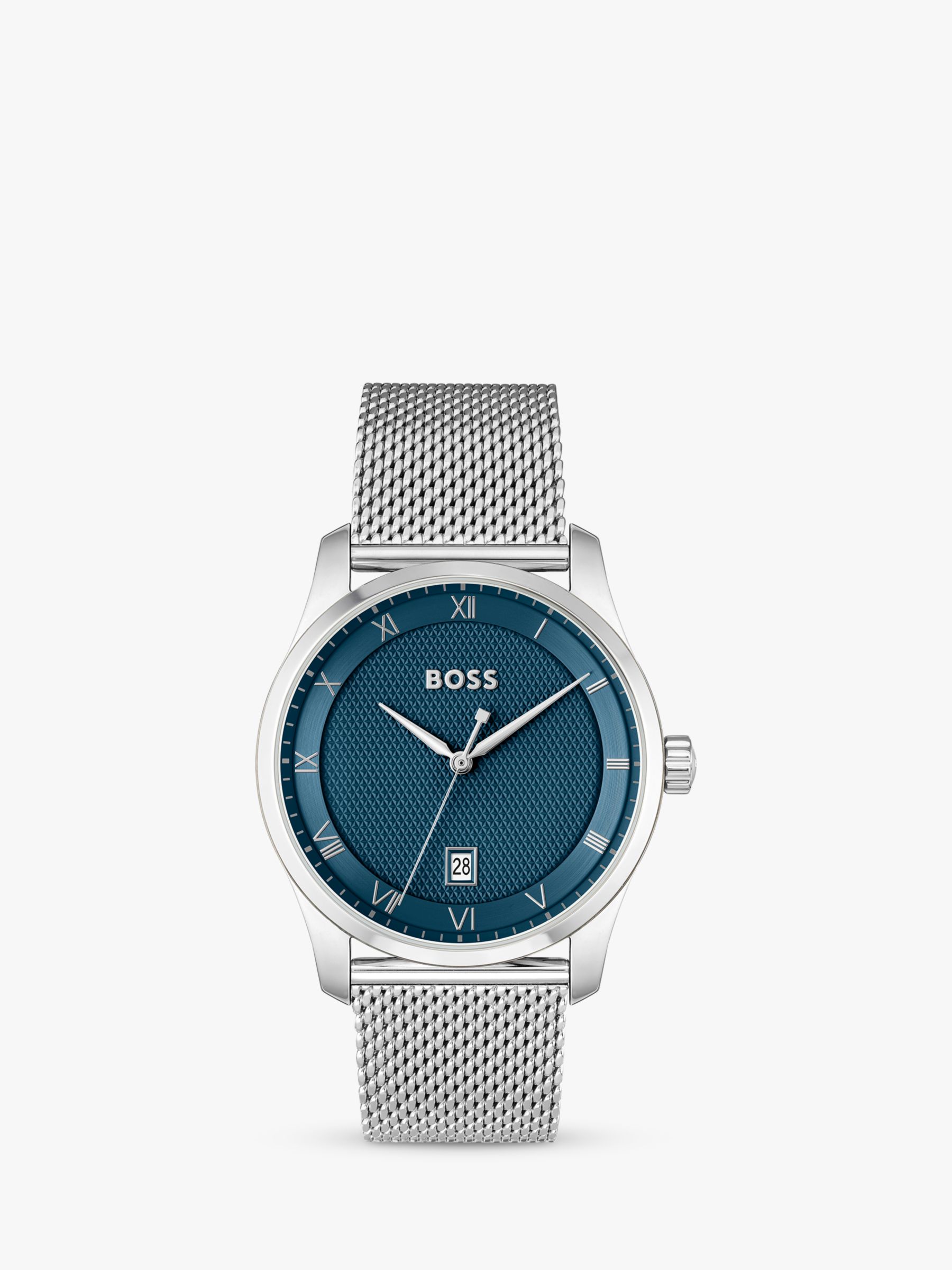 BOSS 1514115 Men\'s Principle Mesh Strap Watch, Silver/Blue at John Lewis &  Partners