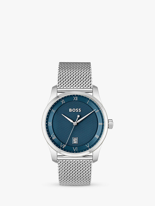 BOSS 1514115 Men's Principle Mesh Strap Watch, Silver/Blue at John Lewis &  Partners