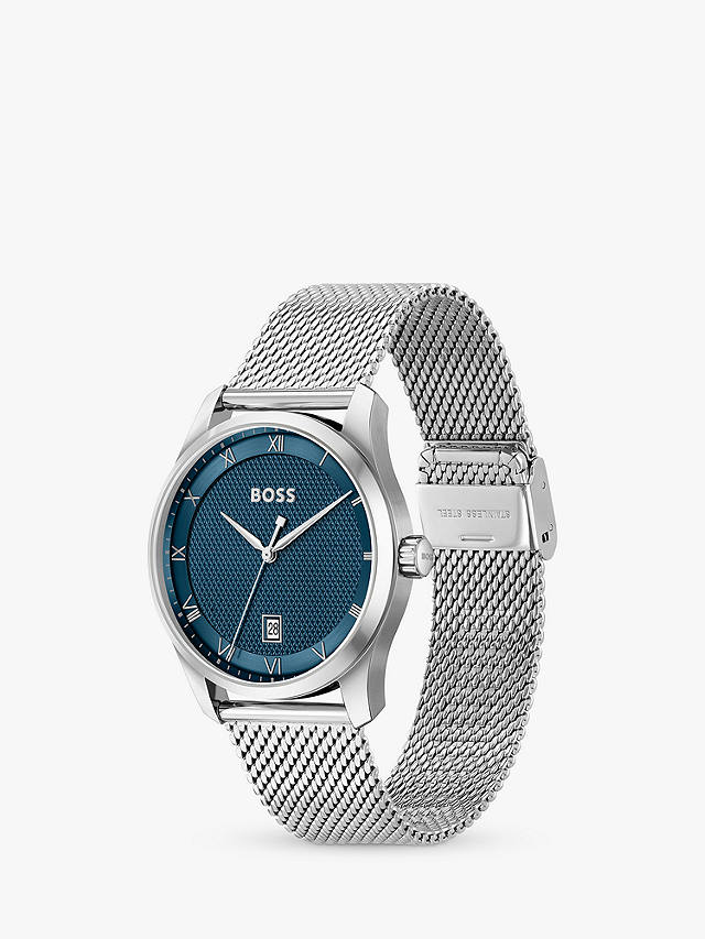 BOSS 1514115 Men's Principle Mesh Strap Watch, Silver/Blue