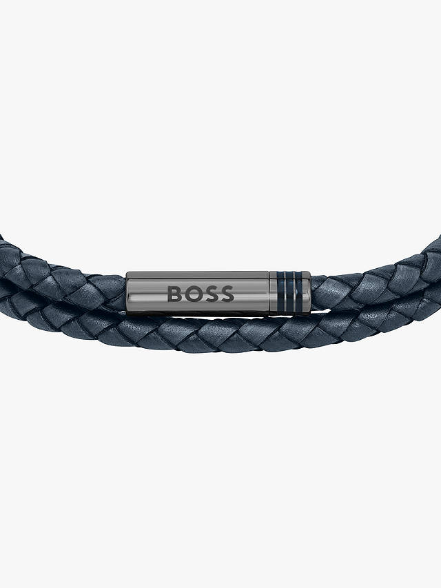 BOSS Men's Leather Double Braided Bracelet, Blue