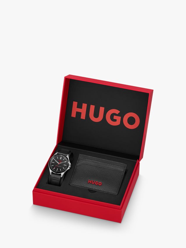 HUGO 1570155 Men's Complete Leather Strap Watch & Card Holder Set, Black