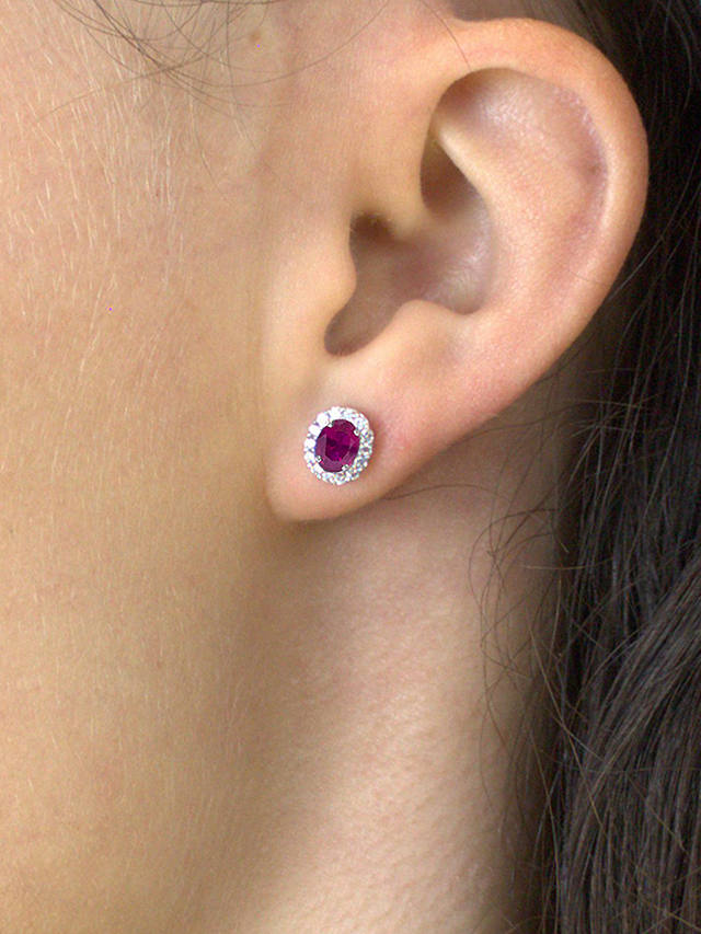 E.W Adams 18ct White Gold Ruby and Diamond Oval Stud Earrings